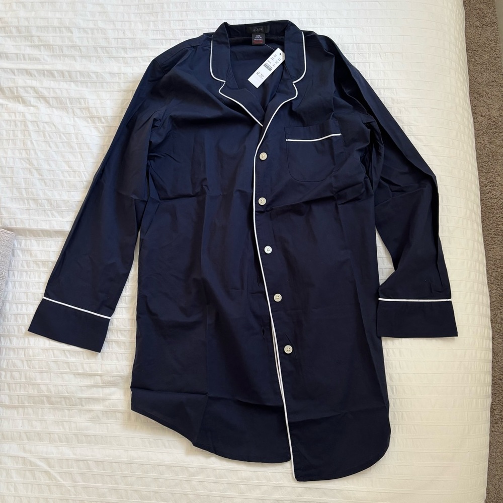 J crew XXS cotton Navy Button-Up Nightshirt with White Trim
